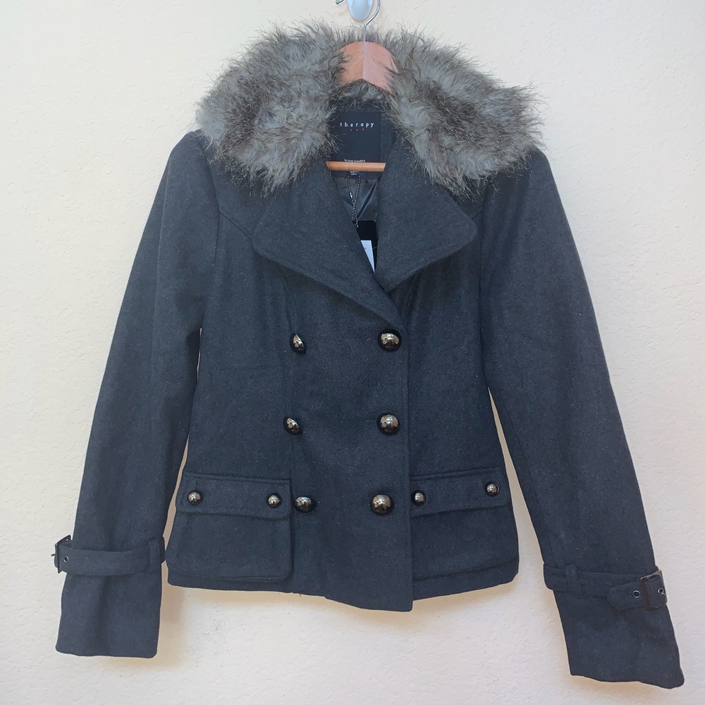 Therapy By Lane Crawford Gray Wool Faux Fur Coat B2/1 - Picture 1 of 12